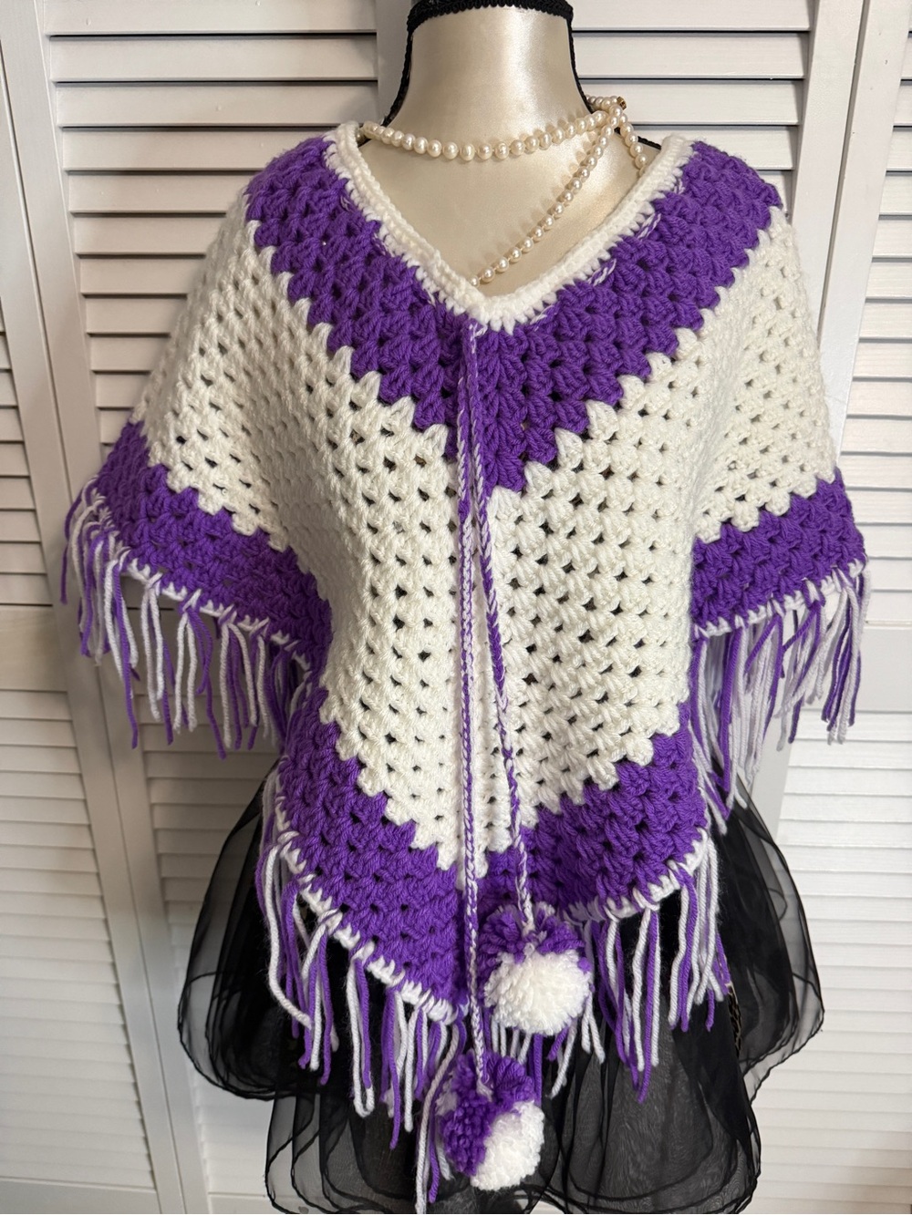 Cream and Purple Crochet Poncho Sweater with Fringe